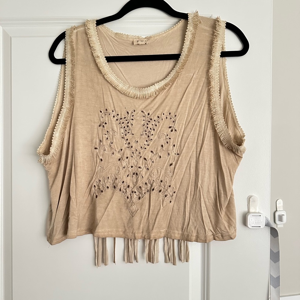 POL Tan Embroidered Fringe Tank Top